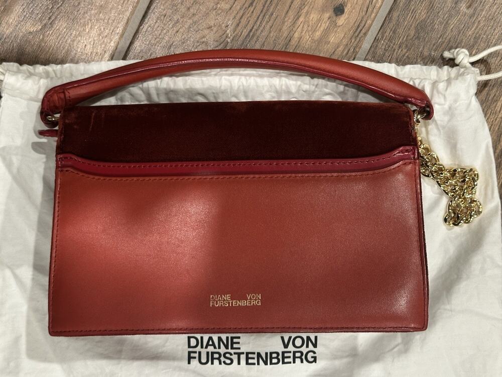 ⁠Diane von Furstenberg DVF Red Leather Velvet Flap Shoulder Bag Chain Strap